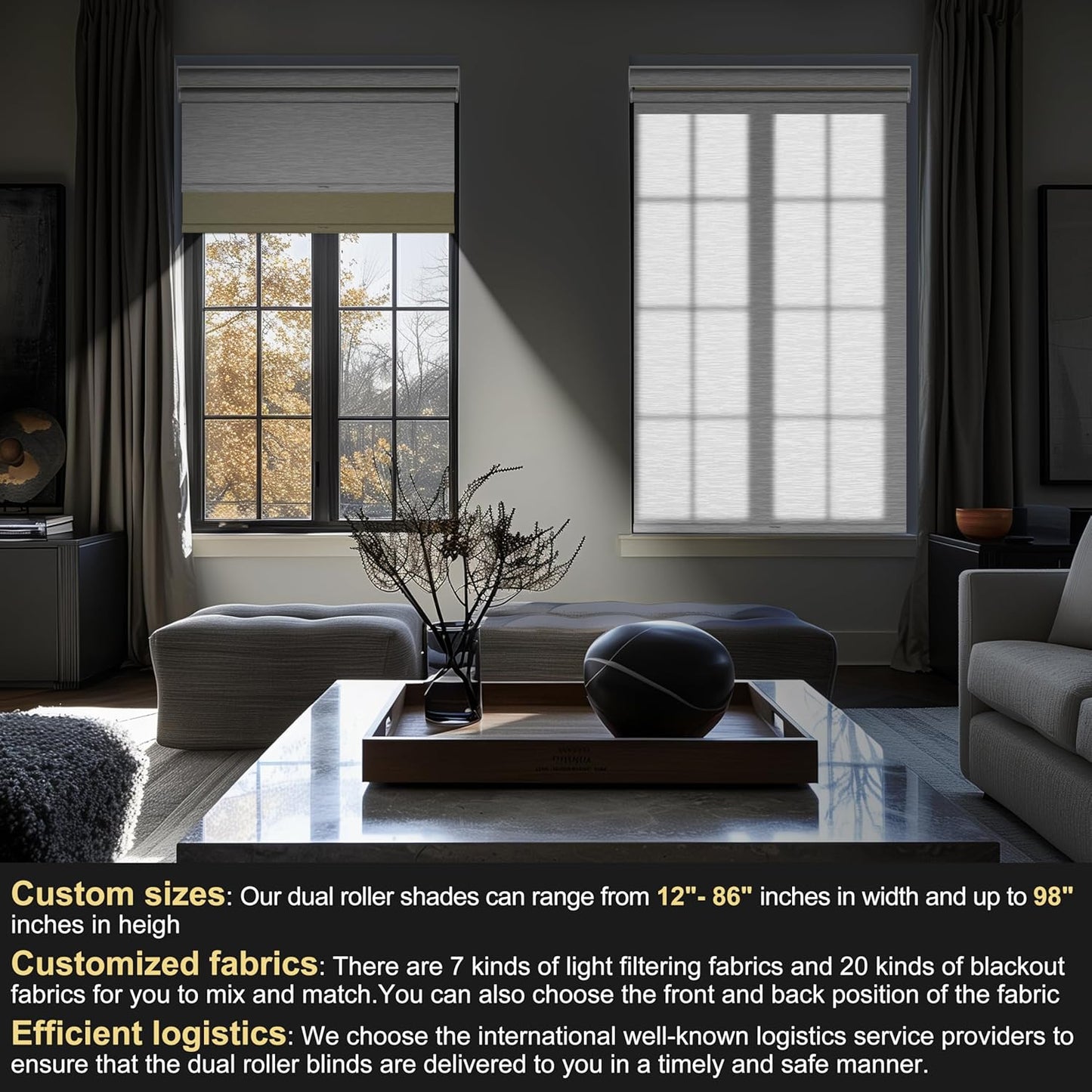 BERISSA Cordless Dual Roller Shades with Cassette Valance, Double Window Shades - Blackout and Light Filtering, Day and Night for Home Office Door. Beige and White. 43 W x 86" H