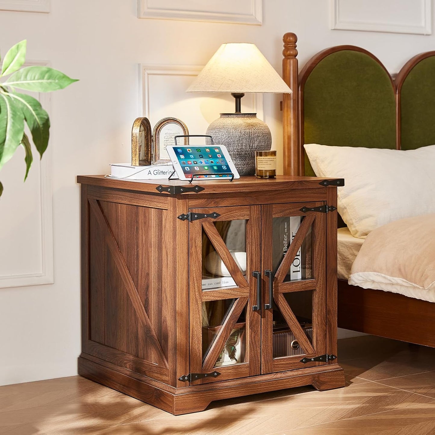 24" End Table Set of 2 with Charging Station, Farmhouse Night Stand with Glass Barn Door, Nightstands with Adjustable Storage Shelf, Large Wood Square Bed Side Table for Living Room,Bedroom