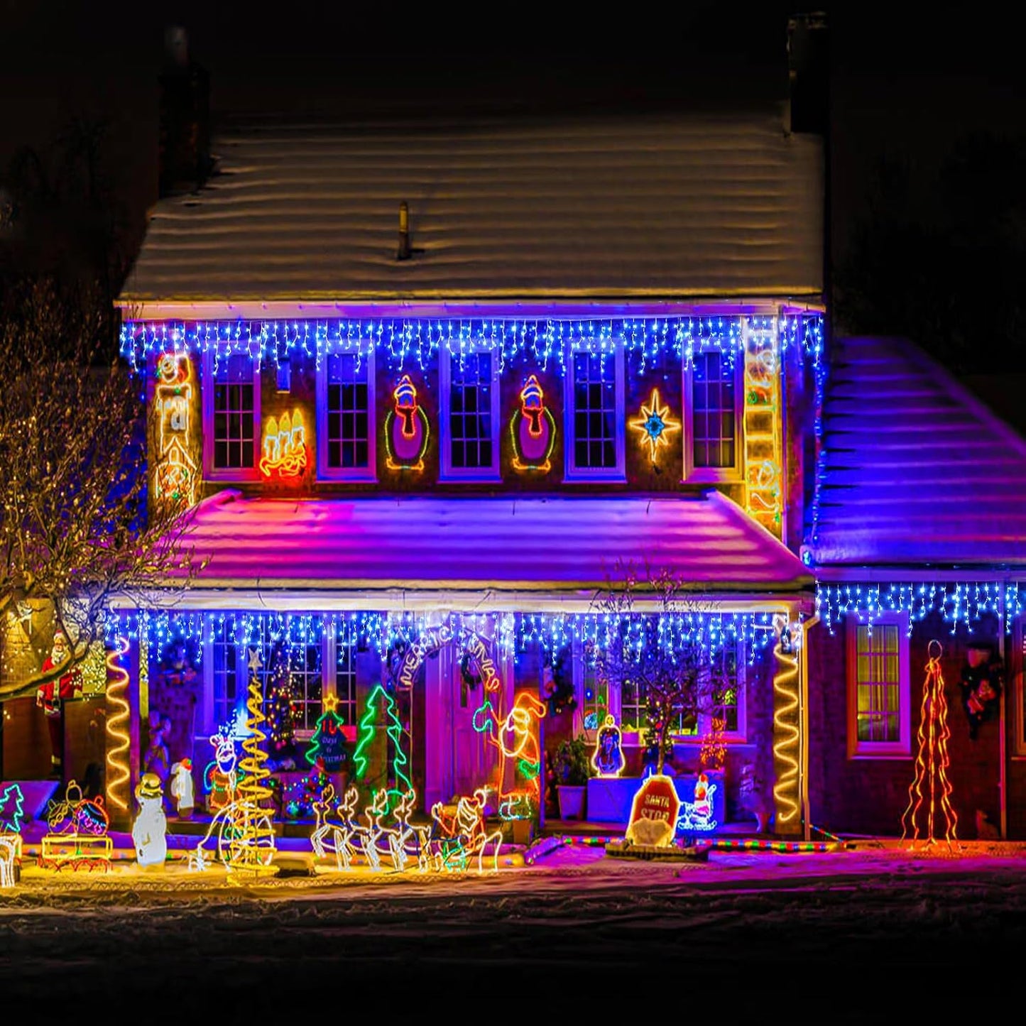 132ft Icicle Lights for Outside, 1280 LED Blue Christmas Lights Outdoor with 240 Twinkle Drops, 8 Modes Plug in Waterproof Timer Memory for Tree Wedding Party House Patio Eave Yard Holiday Decoration