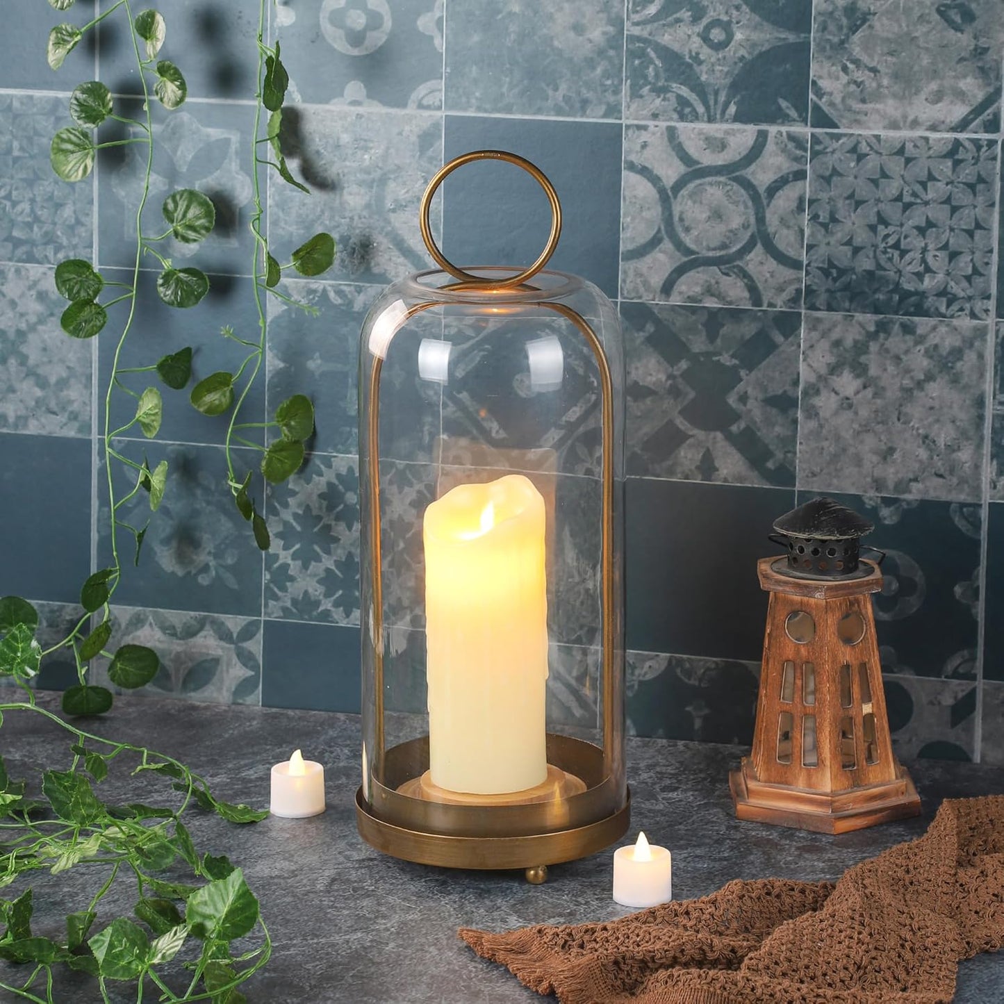 20" High Versatile Modern Metal Hurricane Lantern with Handmade Sturdy Glass Dome for Pillar Candle & Plants (Brass, 7.5"x20")