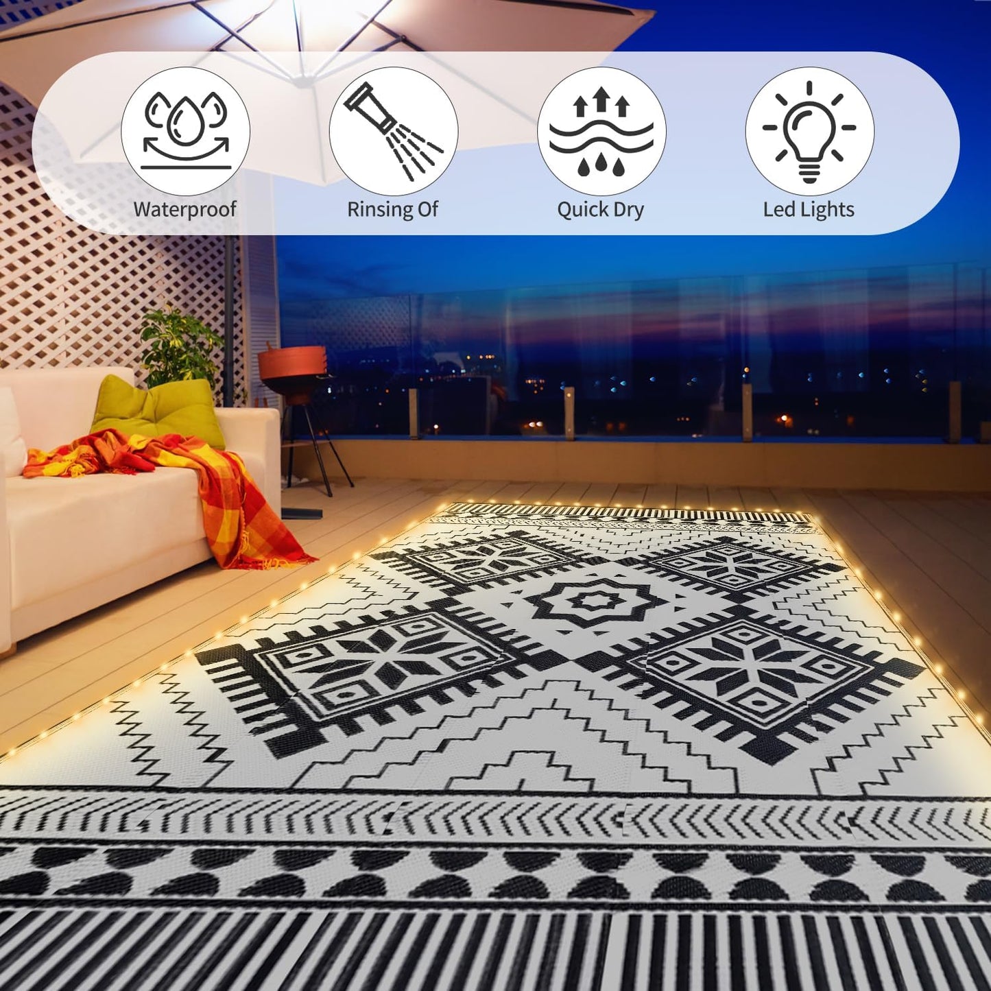 6x9ft Waterproof Outdoor Rug with LED Lights, Boho Reversible Plastic Straw Mat for Patio RV Camping Picnic Balcony Beach Deck Indoor Outdoor Carpet, Black&White