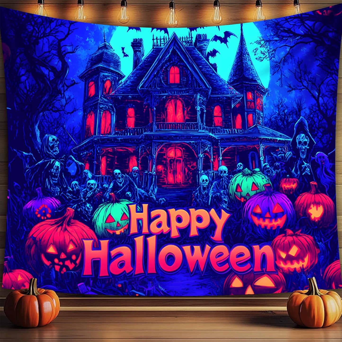 Halloween Tapestry, Blacklight Tapestry for Halloween Party Decor Hanging Tapestries Backdrop Wall Art Poster for Bedroom Dorm 90x70in