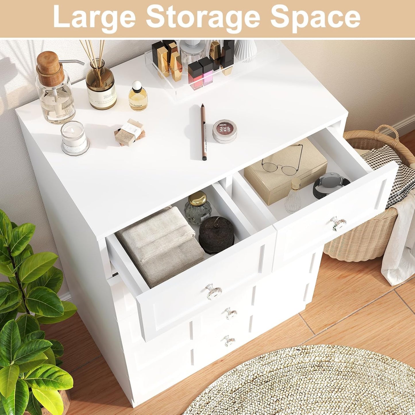 Wood Dresser for Bedroom 6 Drawer: 24" White Chest of Drawers Wood, Modern Fluted Cabinet with Sturdy Storage, Wide Aesthetic Furniture for Room Organization