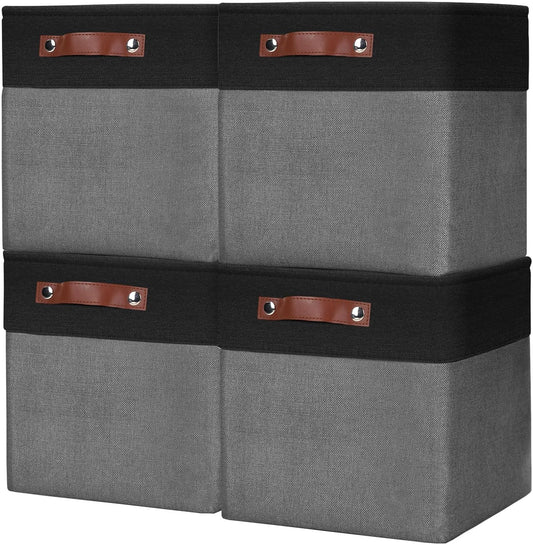 Collapsible Fabric Storage Cubes 11x11 Cube Storage Bins, 4 Pack Closet Baskets Box with Handles for Organizing, Shelf, Toys, Clothes, Home, Office, Nursery (Grey&Black)
