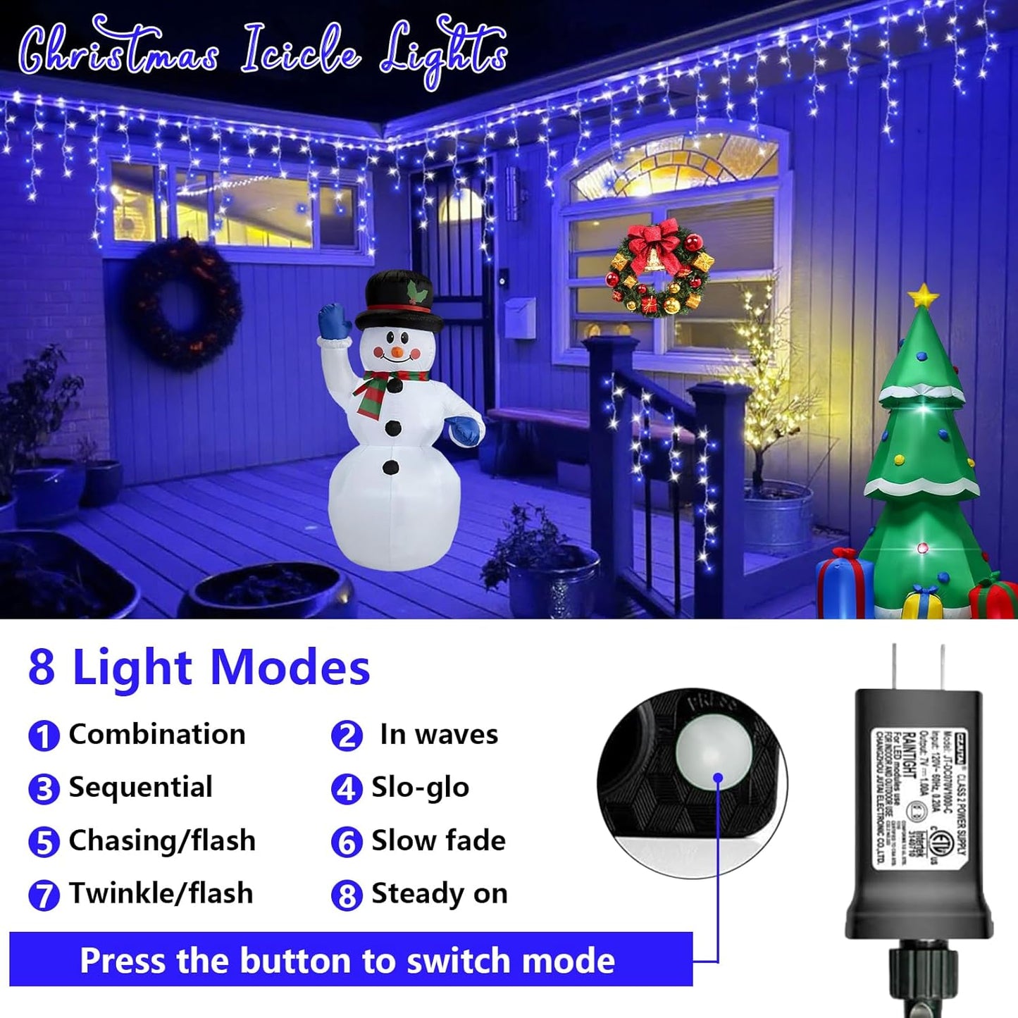 800 LED Icicle Lights Blue and White