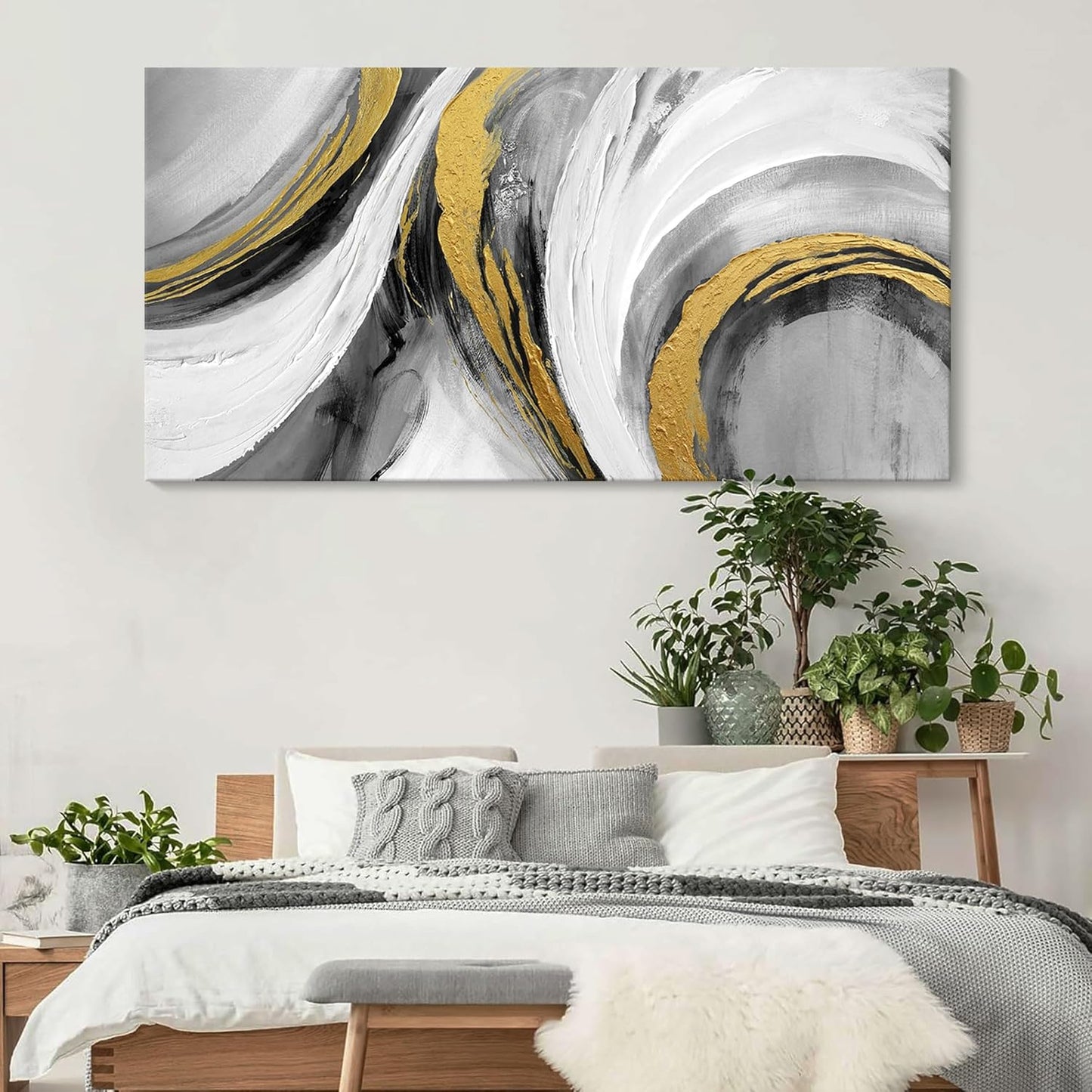 Abstract Bedroom Wall Art - Black and White Grey Abstract Gold Foil Hand Painted Texture Modern Canvas paintings for Living Room Kitchen Hallway Office Wall Decor 20x40 IN