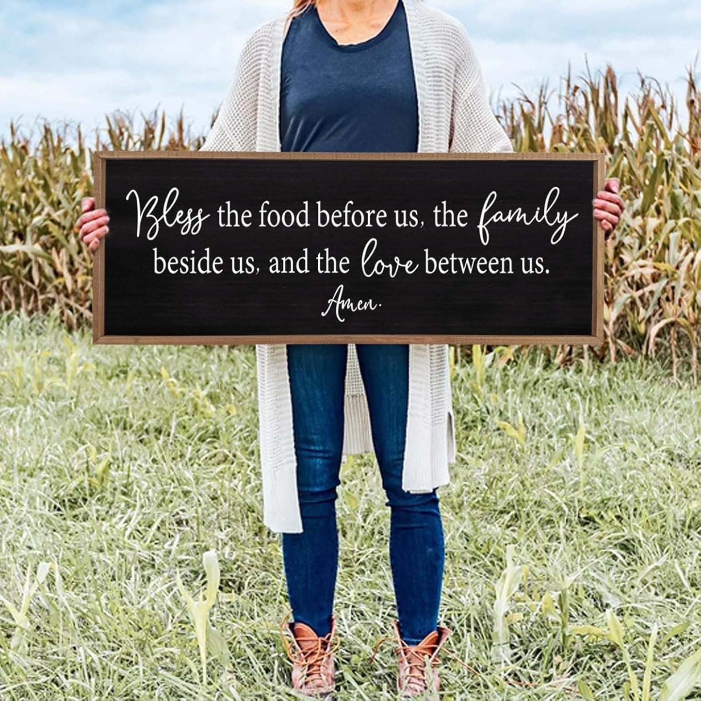 Bless the Food Before Us Sign Wall Decor 40"X15" Large Farmhouse Dining Room Wall Decor Framed Wood Rustic Home Wall Art Kitchen Decoration (Wood Black)