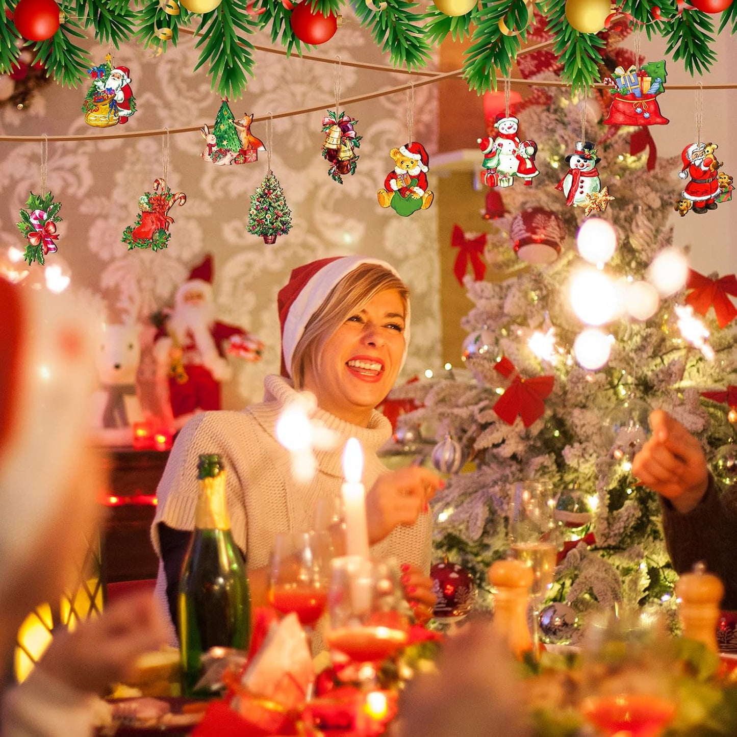 Victorian Style Wood Ornaments - 48 Pcs Christmas Decorations Hanging Santa Claus Snowman Retro Wooden Ornament