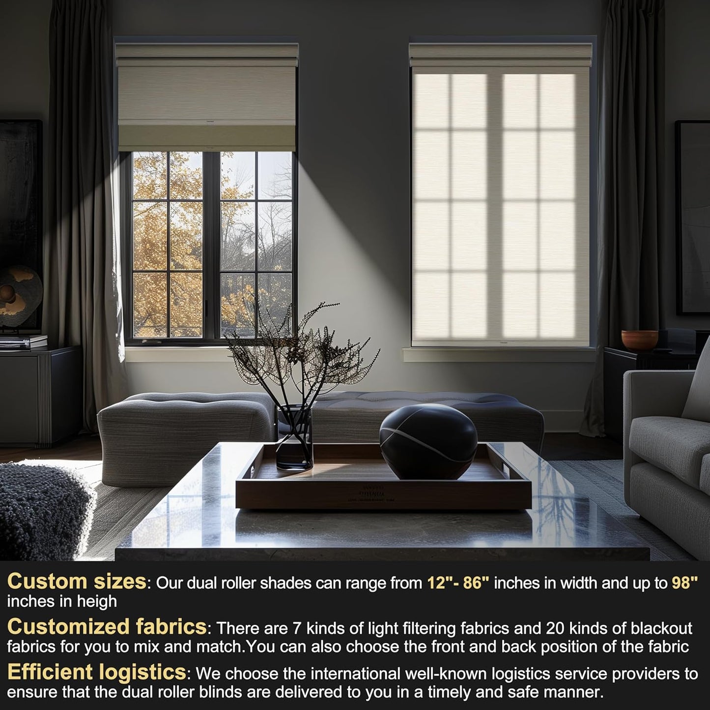 BERISSA Cordless Dual Roller Shades With Cassette Valance, Blackout and Light Filtering, Day and Night for Home Office Door - Striped Jacquard Beige, 32 W x 64" H