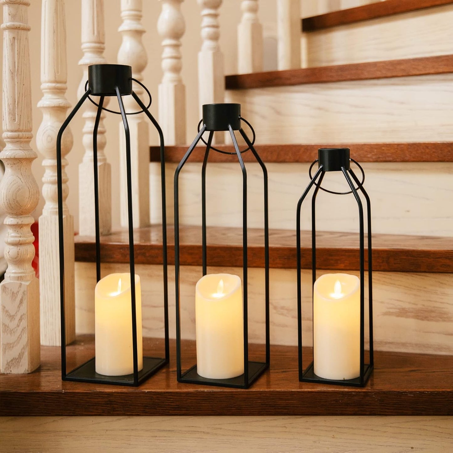 HPC Decor 22'' 19'' 16'' Lanterns Decorative w/Flickering Timer Candles- Tall Large Black Metal Candle Lanterns Set of 3- Modern Farmhouse Decor for Indoor,Outdoor,Tabletop,Porch (No Glass)