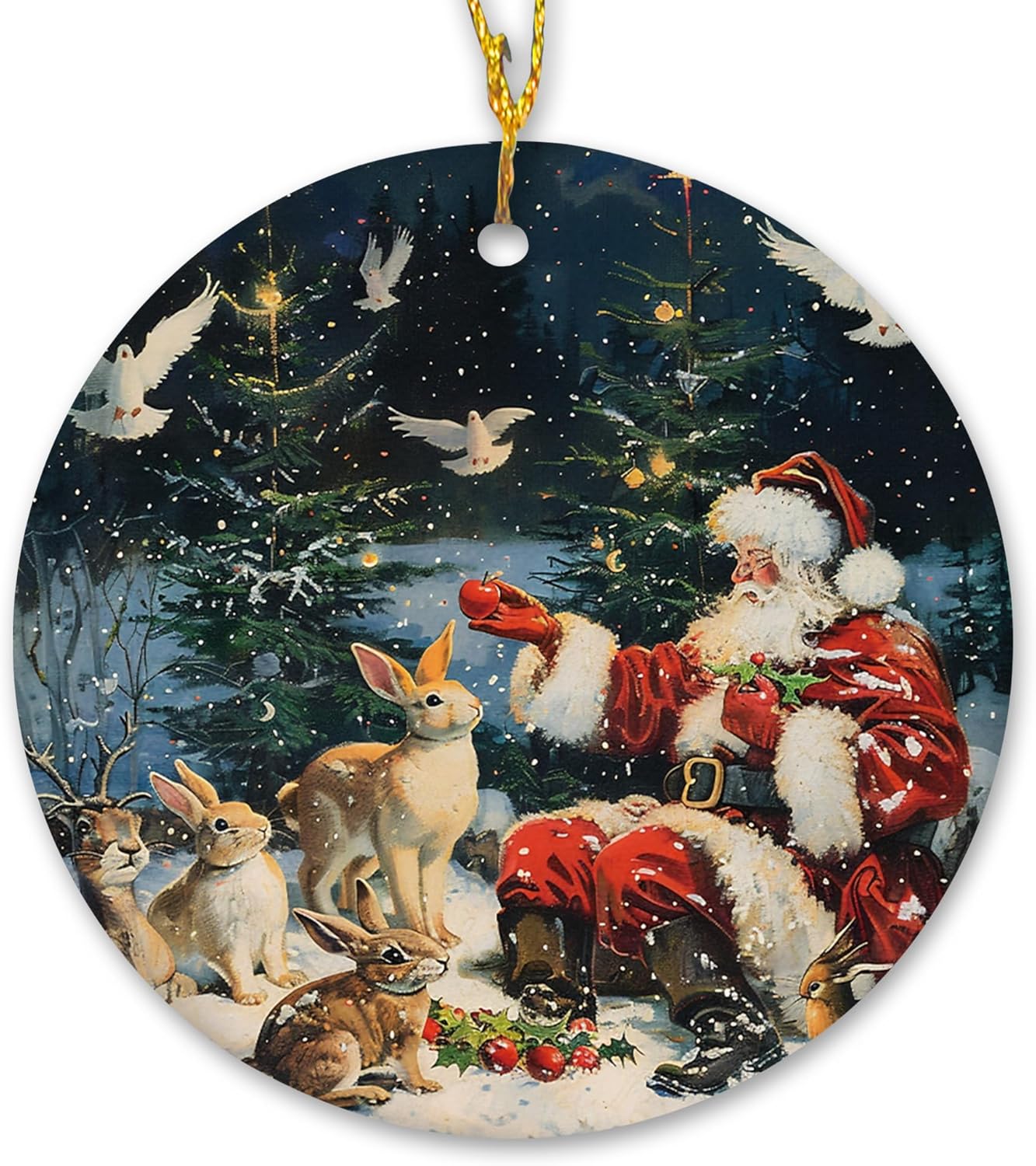 Vintage Christmas Santa Bunny Ceramic Ornament Gifts, Retro Rustic Winter Santa Bunny Decorative Hanging Ornaments for Xmas Tree Holiday Party Decoration, Winter Xmas Tree Decorations