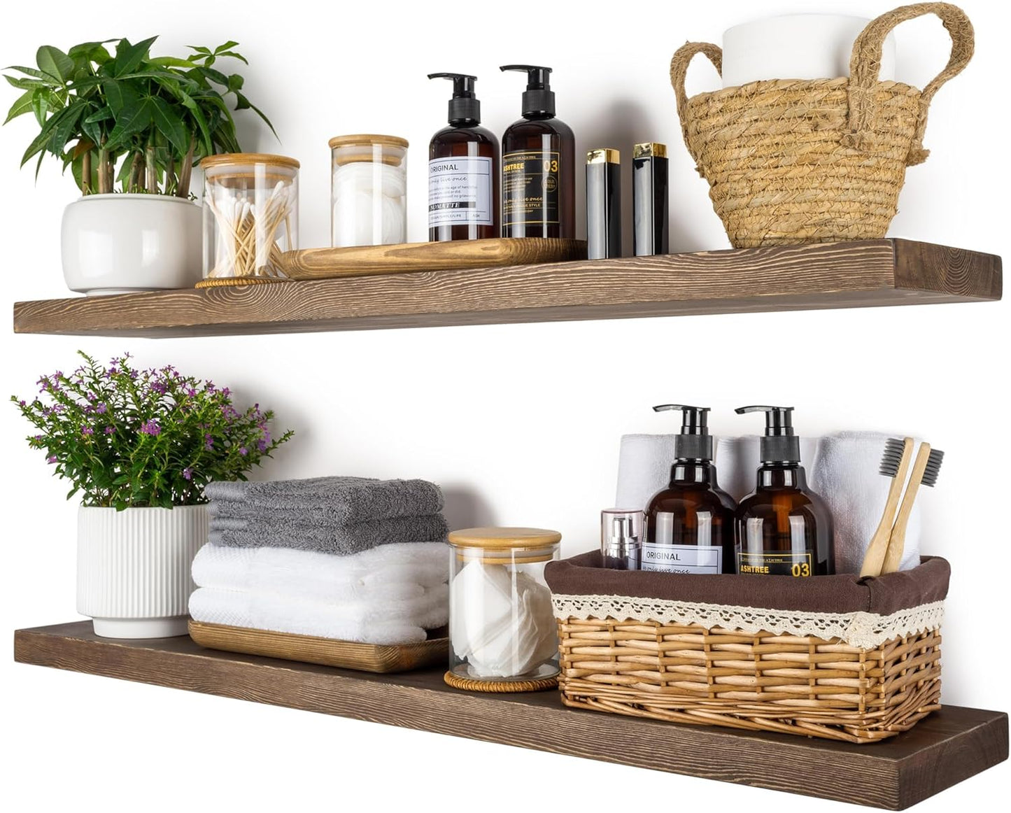 BGMG Wood Floating Shelves for Wall 36 inch Set of 2,Rustic Wooden Wall Mount Shelves for Bathroom Living Room Bedroom Kitchen Farmhouse -36x 6.7 x1.25 inch- Walnut Color