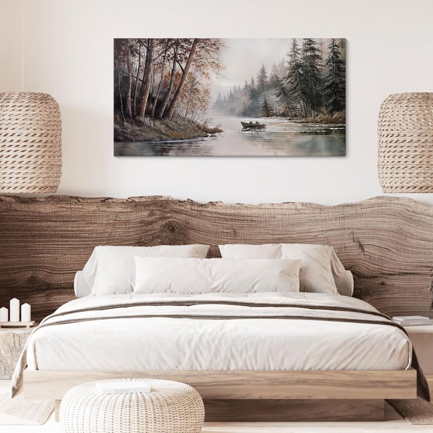 HGUAOA Mountain Canvas Wall Art Rustic Lake Landscape - Nature & Forest Scenery Paintings Pictures for Living Room & Bedroom Wall Decor Vintage Artwork for Walls