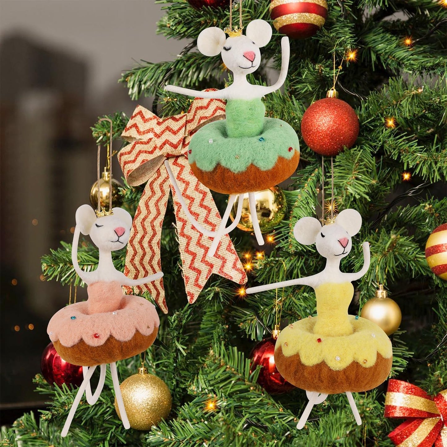 Set of 3 Christmas Felt Dancing Mice Ornaments, 6.7" Tall Hanging Wool Mouse Figurines with Donut Tutu Skirt, Tiered Tray Tabletop Decor, Xmas Tree Holiday Easter Gifts Home Office Party Supply