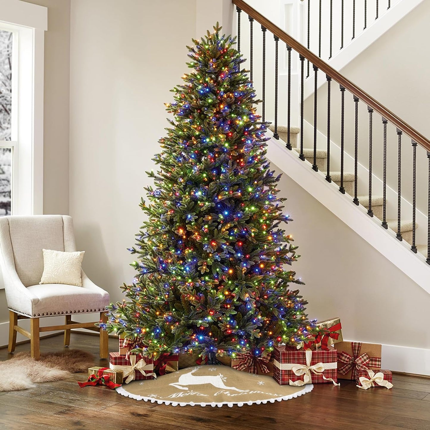 24 Inch Christmas Tree Skirt, Burlap Linen Color Christmas Rustic Tree Skirt with Elk Deer and White Snowflake Printed for Holiday Party Xmas Tree Decoration