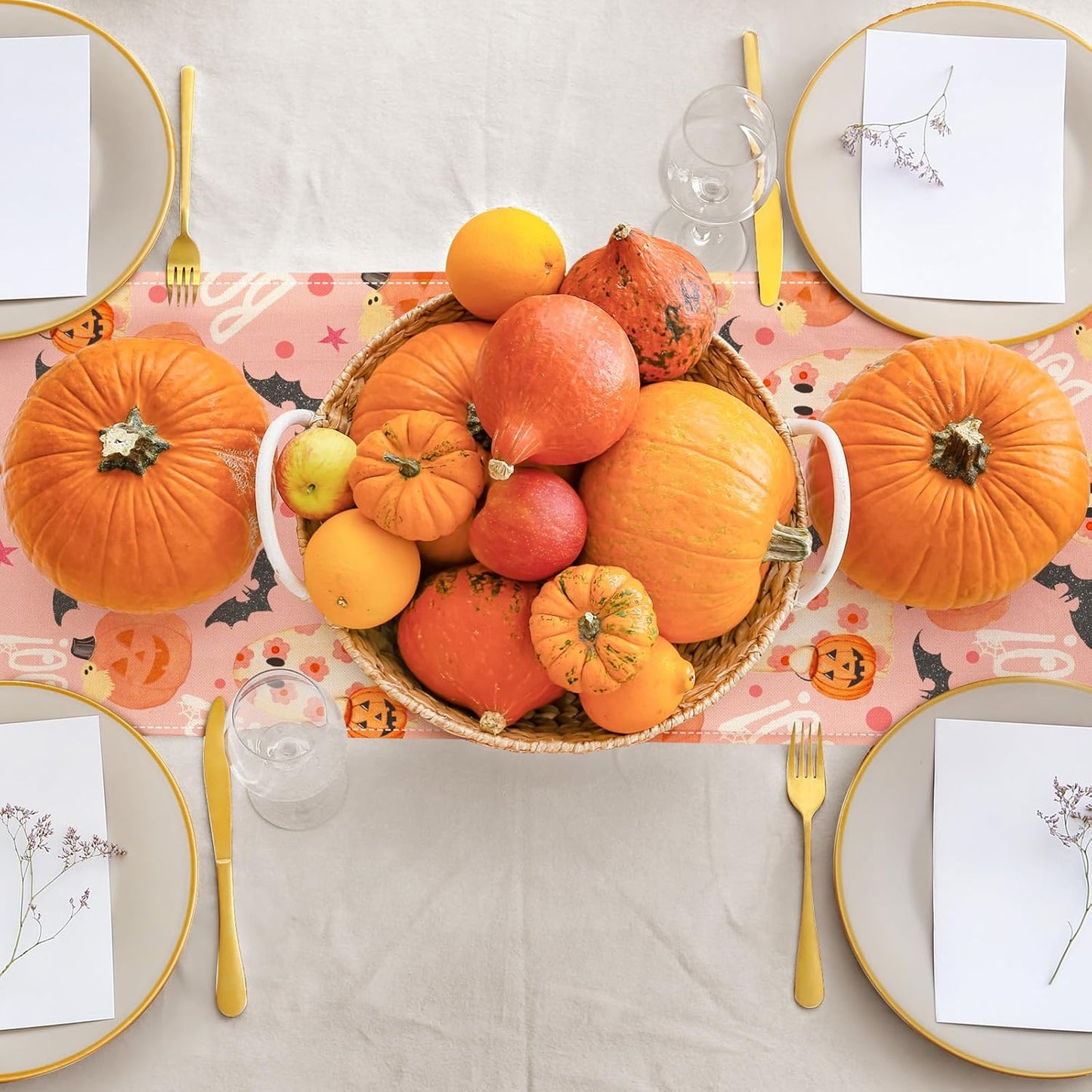 AnyDesign Halloween Table Runner Pink Spooky Ghost Pumpkin Table Cover Kitchen Dining Table Decoration Pink Halloween Table Dresser Scarves for Indoor Outdoor Home Party, 13 x 72 Inch
