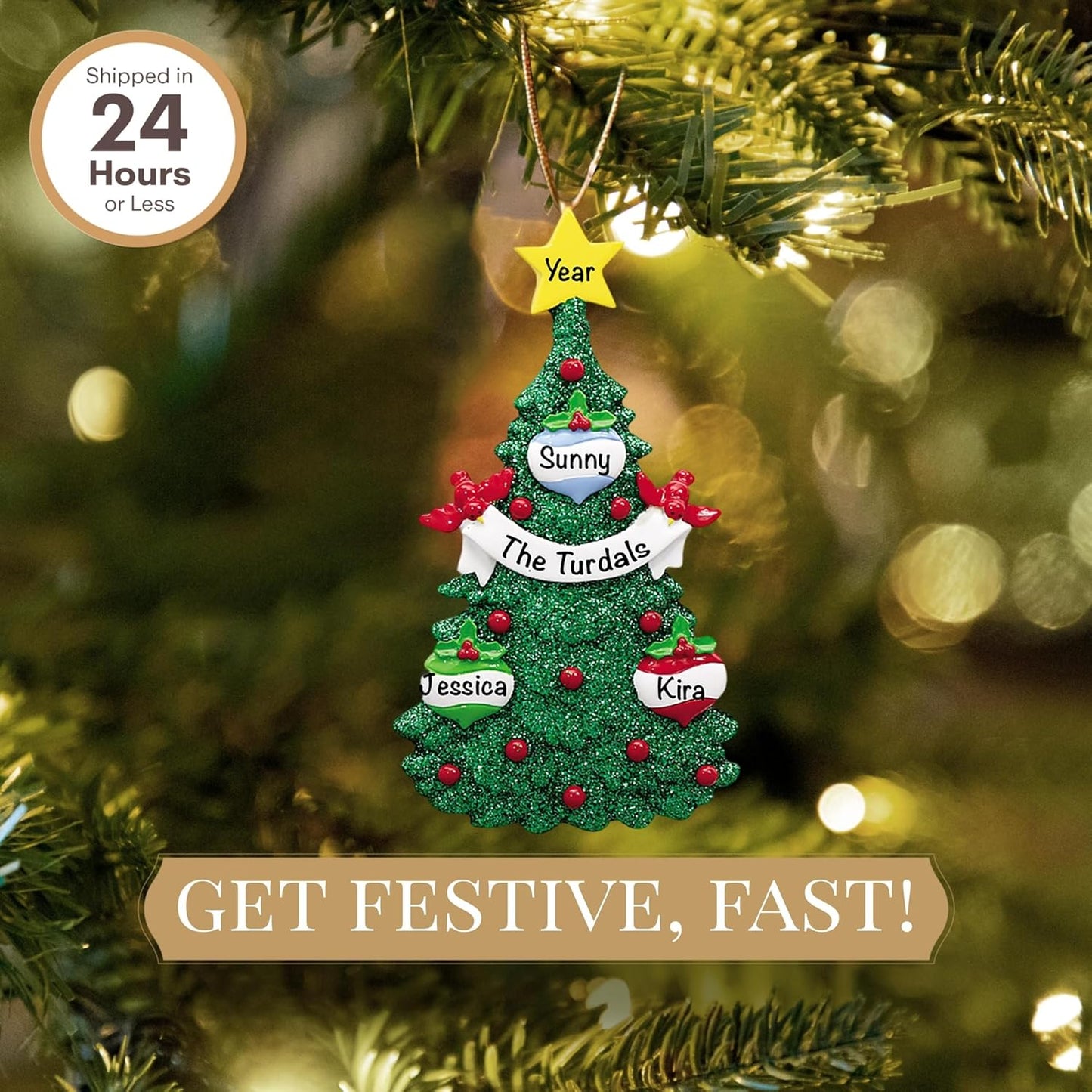 Personalized Family of 3 Ornament 2025 | Free 24h Customization | Christmas Ornaments for Tree | Custom Gift Wrapped Green Glitter Keepsake for Three Persons