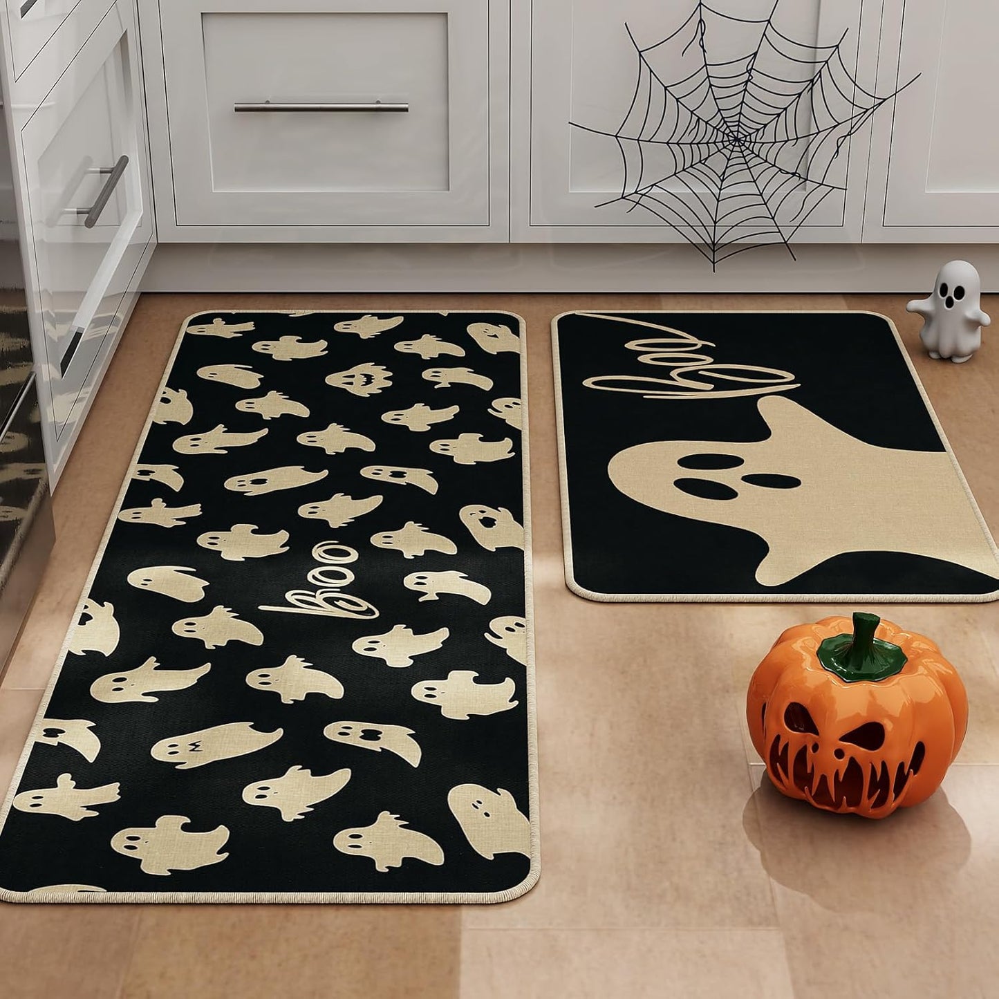 Halloween Kitchen Mat Set of 2, Ghosts Boo Halloween Kitchen Decor, Halloween Rug for Floor, Indoor Spooky Home Decor with Non-Slip Backing,17 x 29 Inch & 17 x 47 Inch