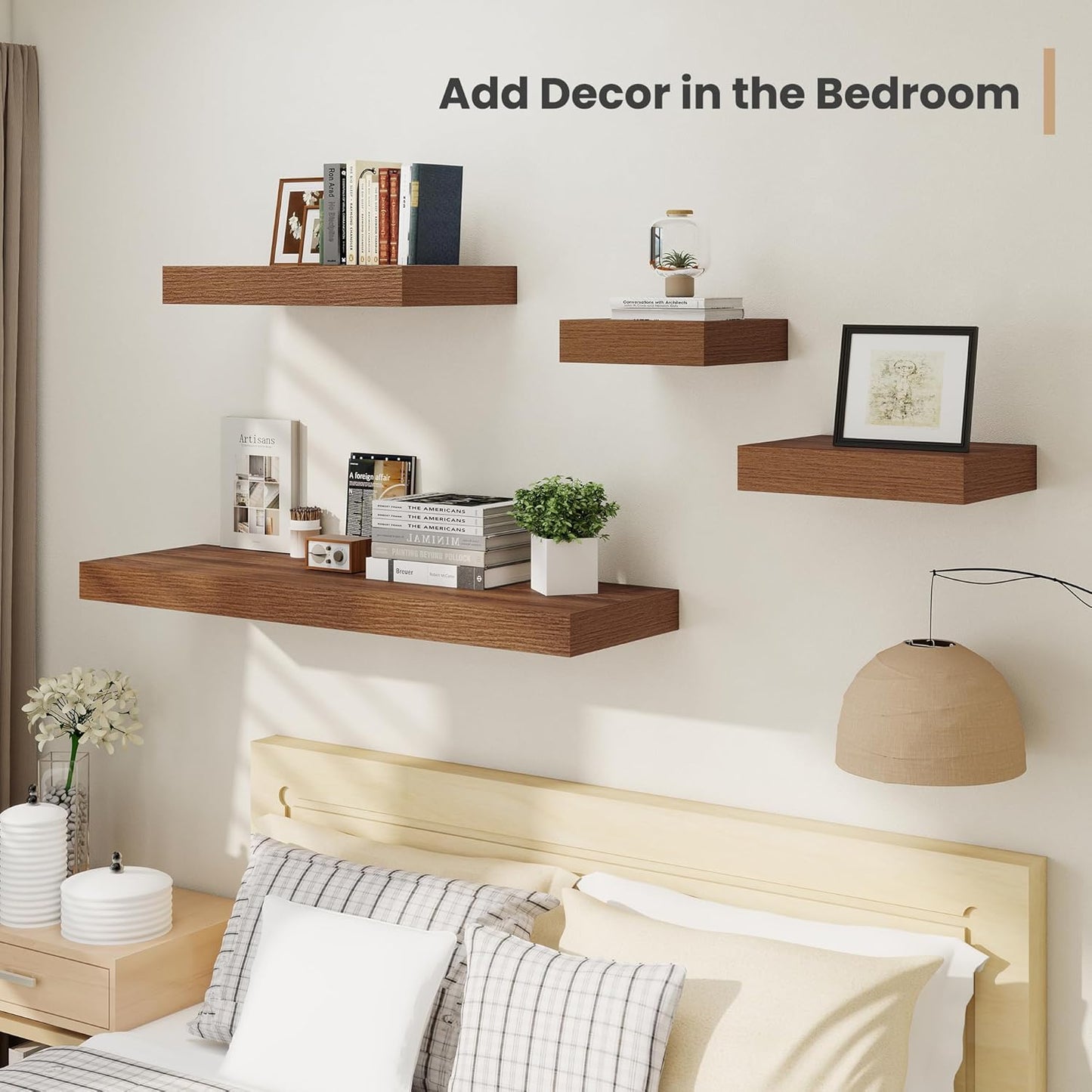 Heimlove 12 Inch Deep Floating Shelves, 16 x 12 inches Long Wall Shelf, Large Extra Display Shelf & Storage Shelf, Rustic Wood Wall Shelves for Fireplace Mantel, Walnut - 2Pack