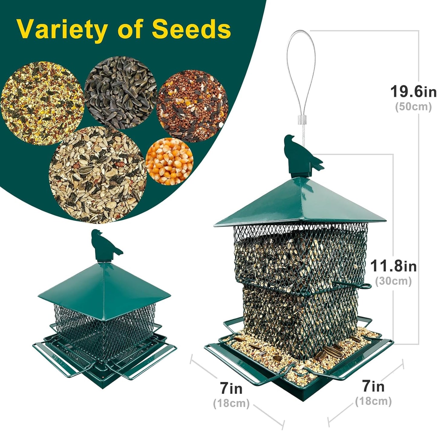 Bird Feeders for Outdoors, 6.5lb Large Capacity, Heavy Duty Metal Bird Feeder, Supports Cardinal, Finch, Blue Jay and Wild Birds(Green)