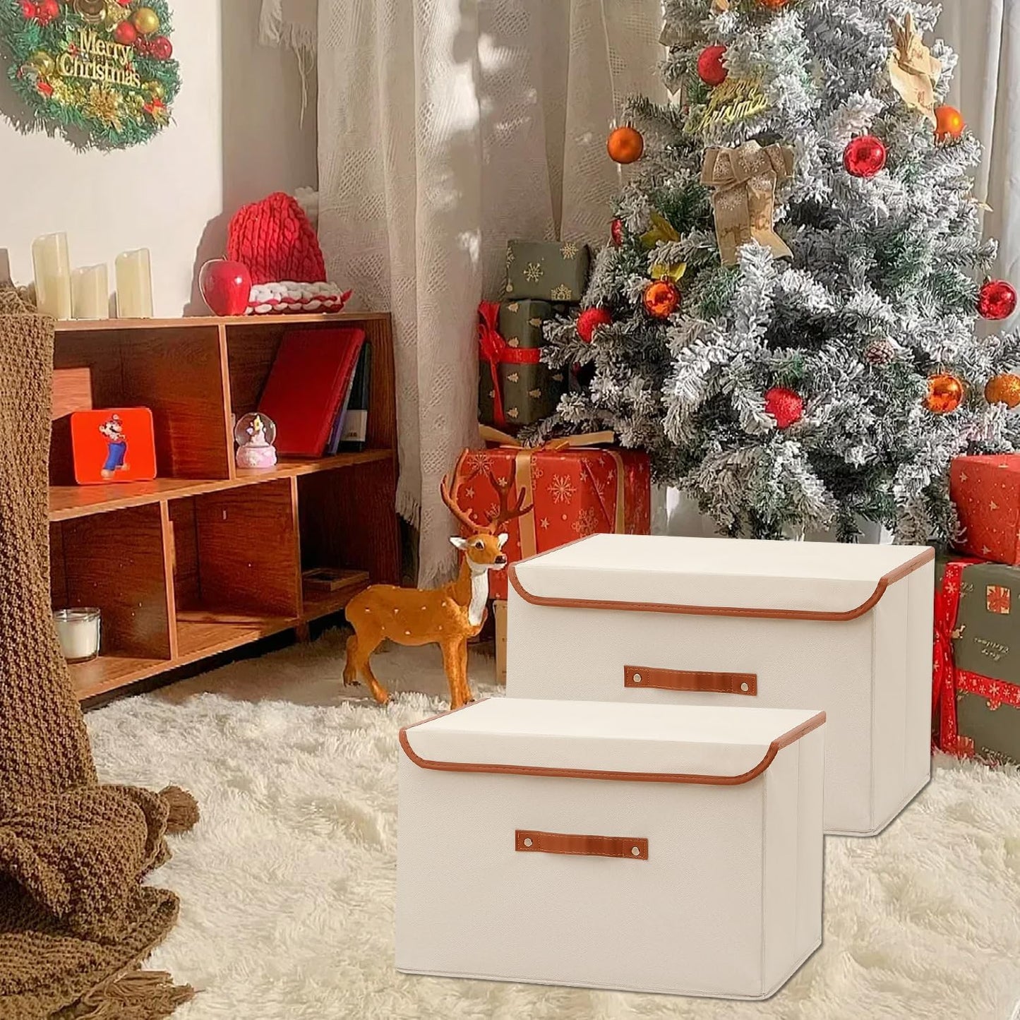 Tuza 4 Pack Large Fabric Storage Bins with Lids, Foldable Storage Boxes with Lids for Organizing, Decorative Storage Boxes with Handles for Home, Bedroom, Closet, Office(Khaki, Extra Large)