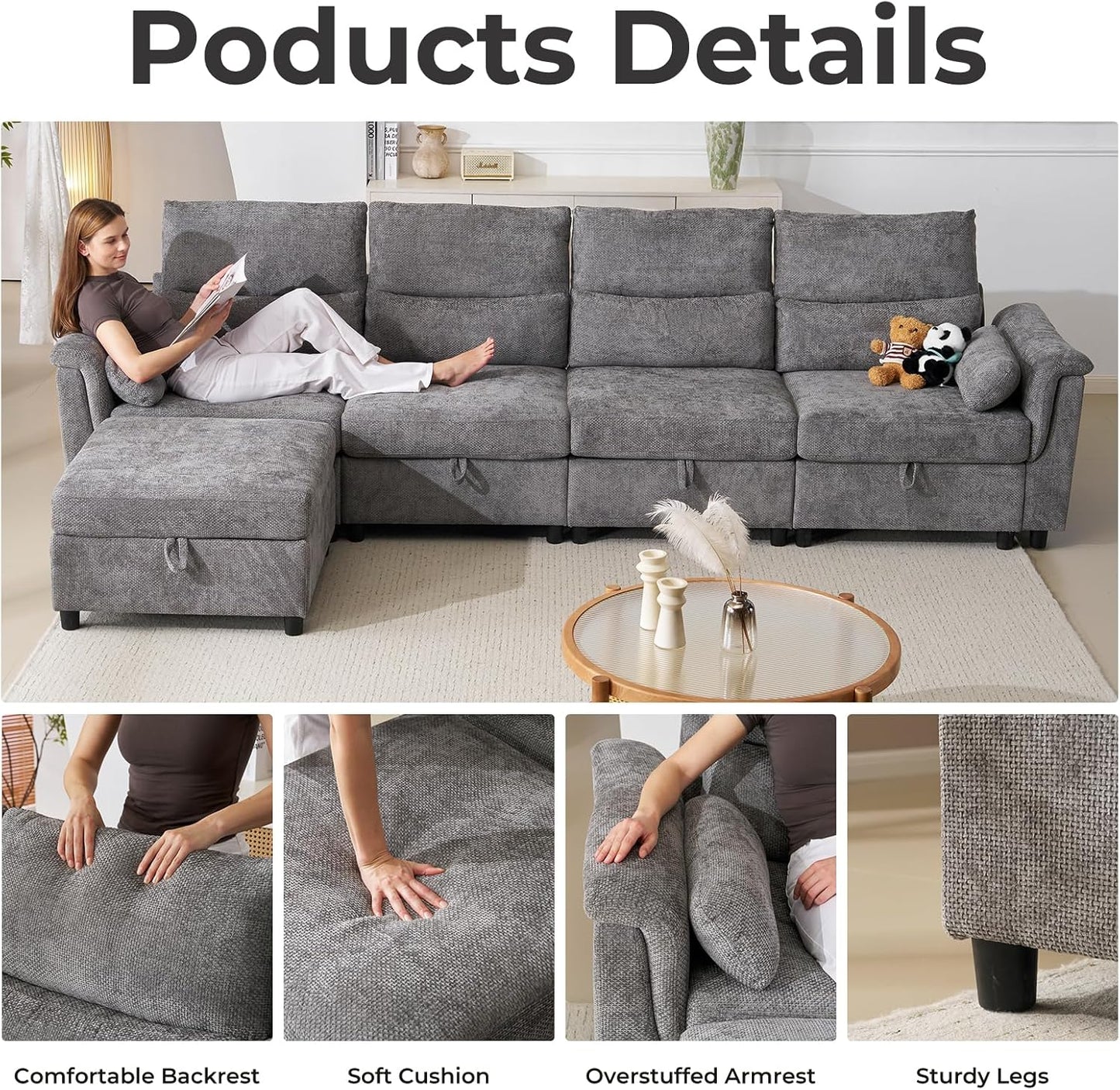 132'' Oversized Modular Sectional Sofa, L Shaped Comfy Cloud Sectional Couch with Storage, 5 Seat Extra Deep Seat Modular Sofas with Throw Pillows for Living Room, Grey