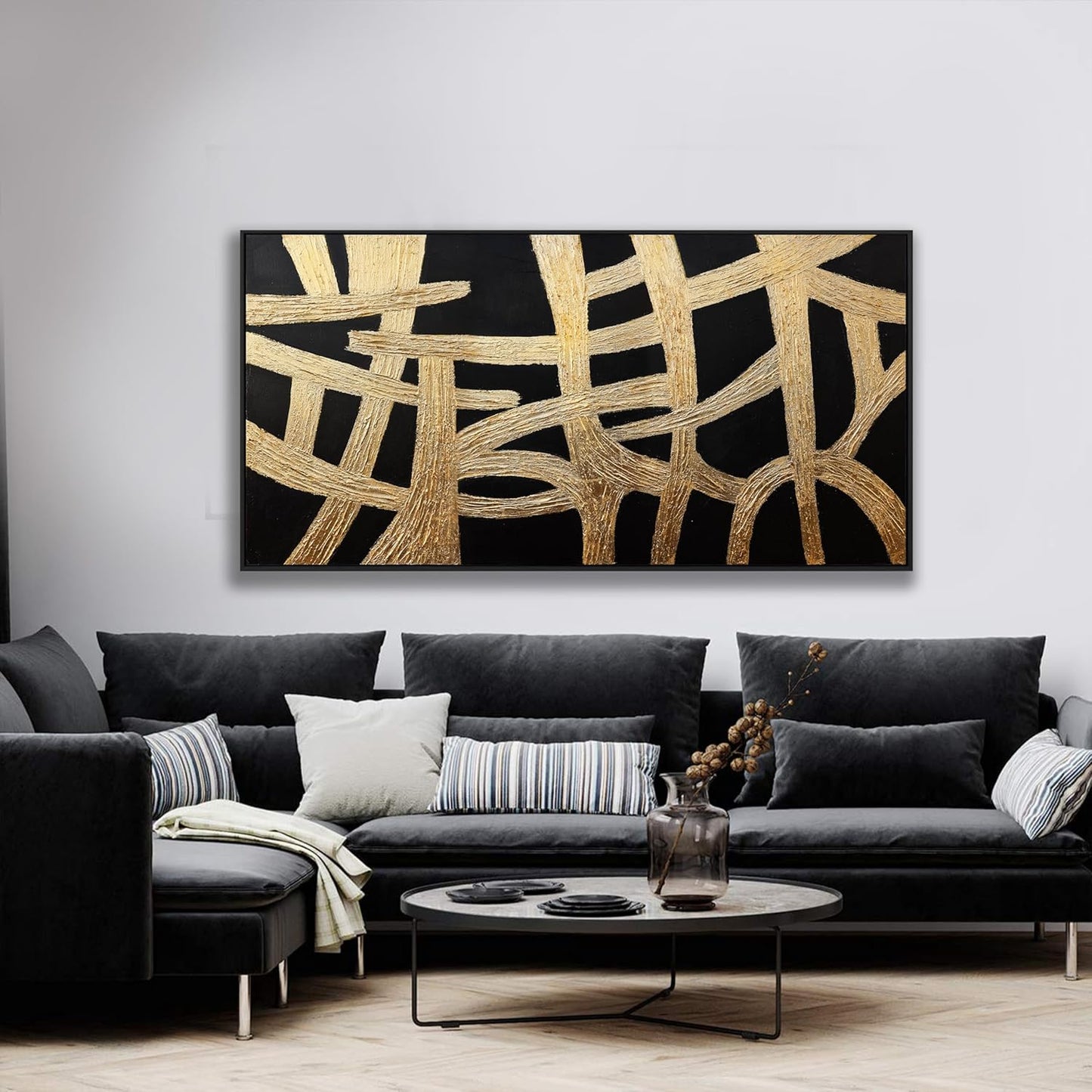 Abstract Wall Art Small Size Black And Gold Lines Texture Artwork Framed Home Decoration Artwork Decor Modern Minimalist Canvas Painting Living Room Decor For Bedroom Office Wall Decor 20"X40"