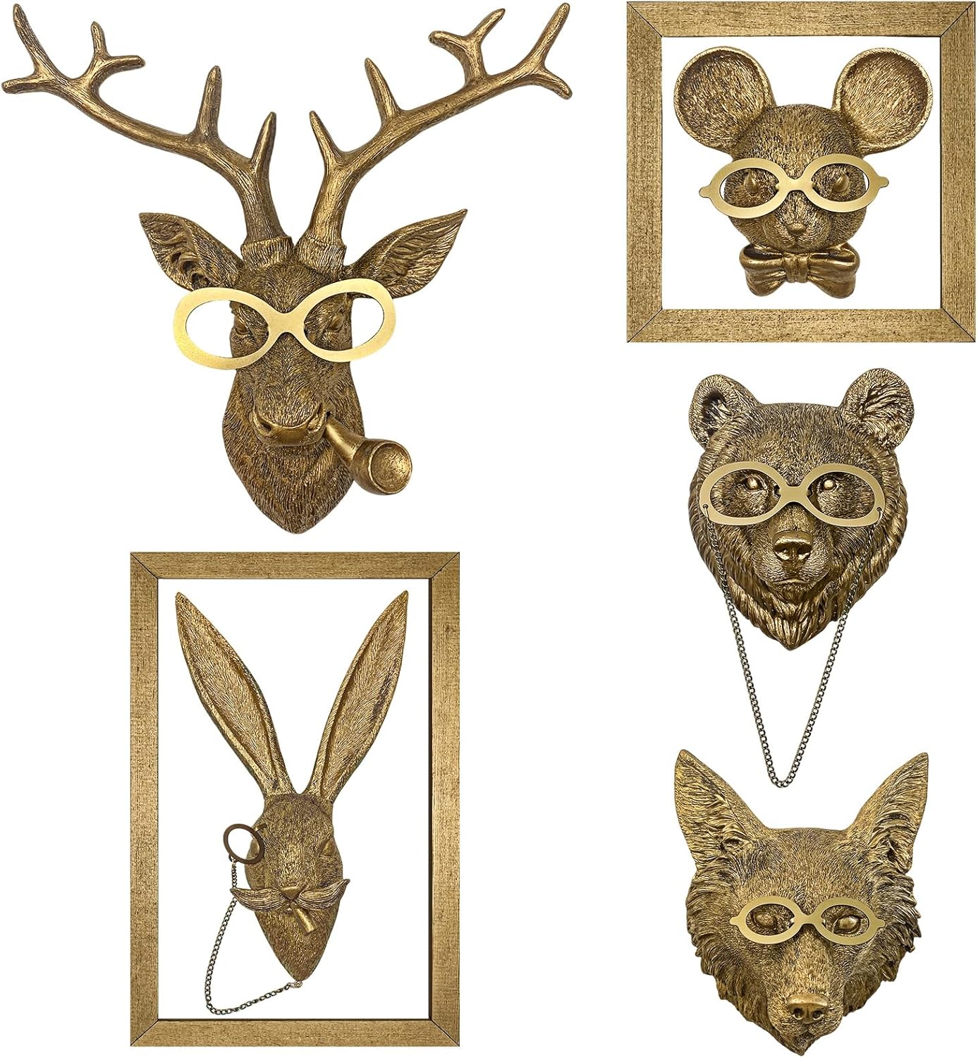 Animal Heads Wall Decor, animal wall art,Resin Animal Head Wall Hanging Decoration for Living Room Bedroom Office Kitchen Gift,5pcs