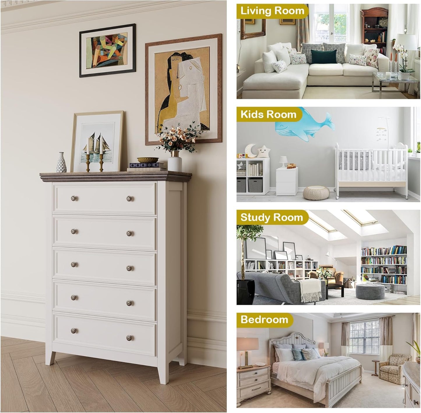 BLANKSPACE Dresser for Bedroom, 5 Drawer Dresser, Modern 5 Chest of Drawers, Farmhouse Storage Cabinet with 5 Drawers for Home Office, Dining Room, Antique White