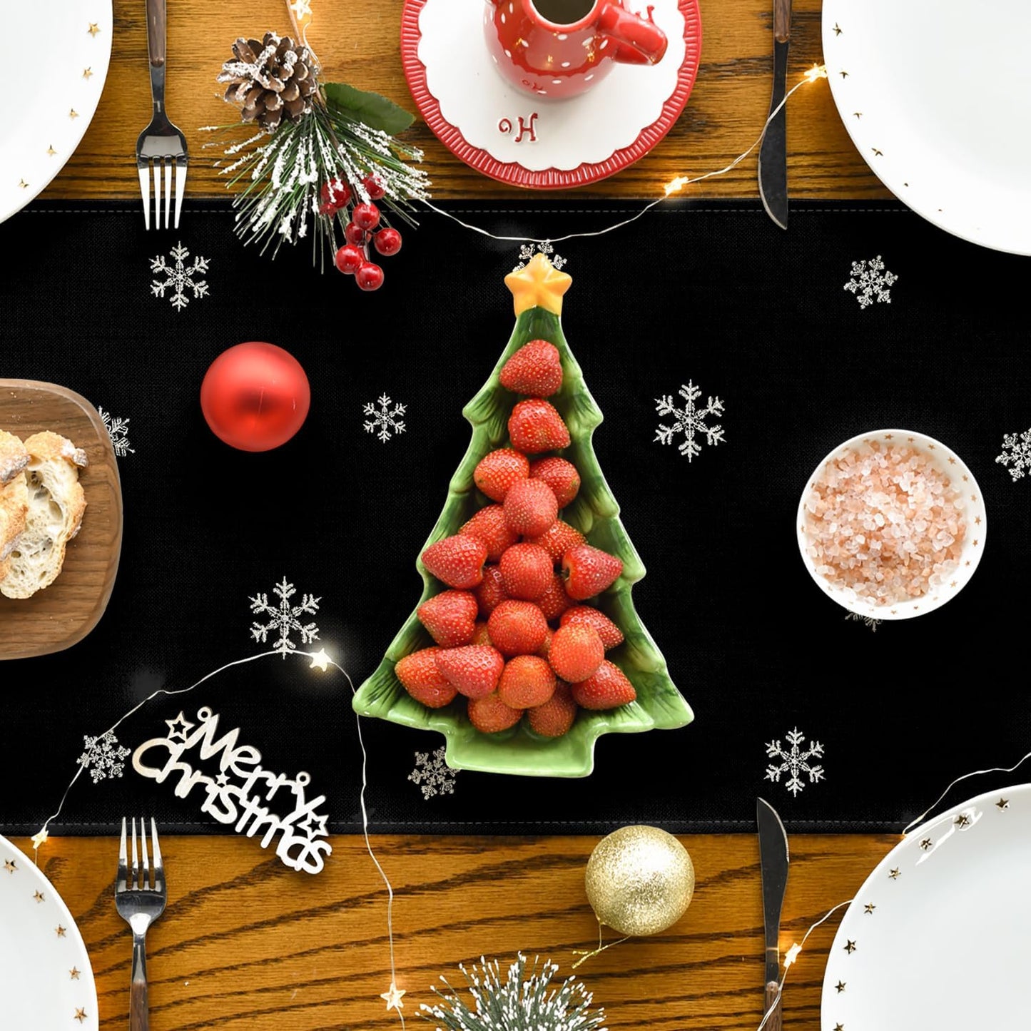 Artoid Mode Xmas Trees Snowflakes Black Merry Christmas Table Runner, Winter Seasonal Kitchen Dining Table Decoration for Home Party Decor 13x36 Inch