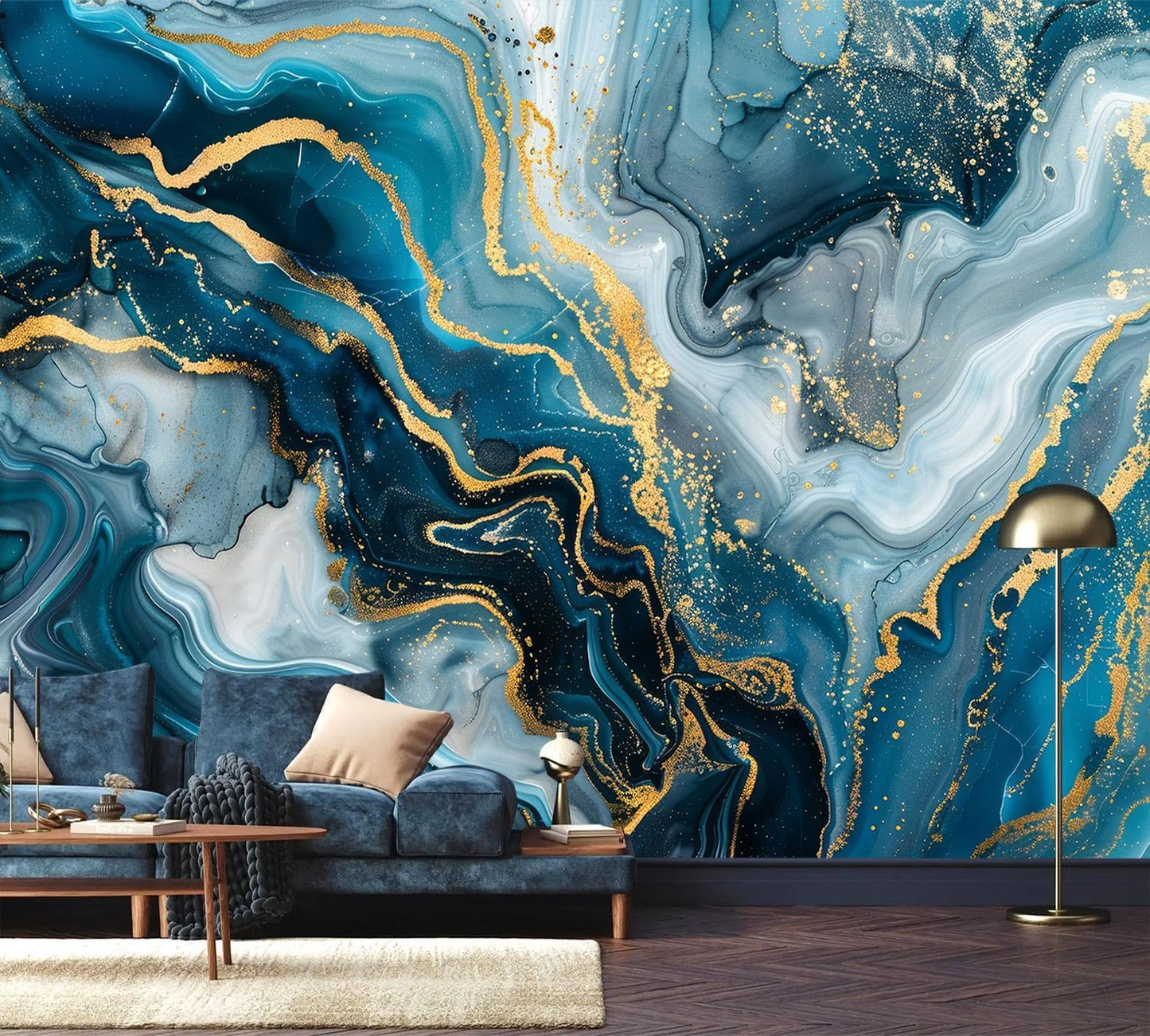 AFZEVEB-Blue and Gold Marble Wallpaper Abstract Art Wall murals for Bedroom 114"x74" (Not Peel and Stick)