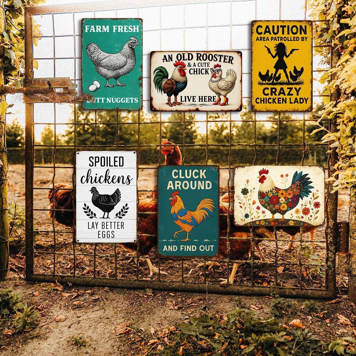 6 Pack Chicken Coop Signs – Vintage Farm Accessories Funny Metal Tin Signs for Outdoor Chicken Coop Decor, Farmhouse Wall Art, Rustic Barn Yard Decorations, 8x12 Inch