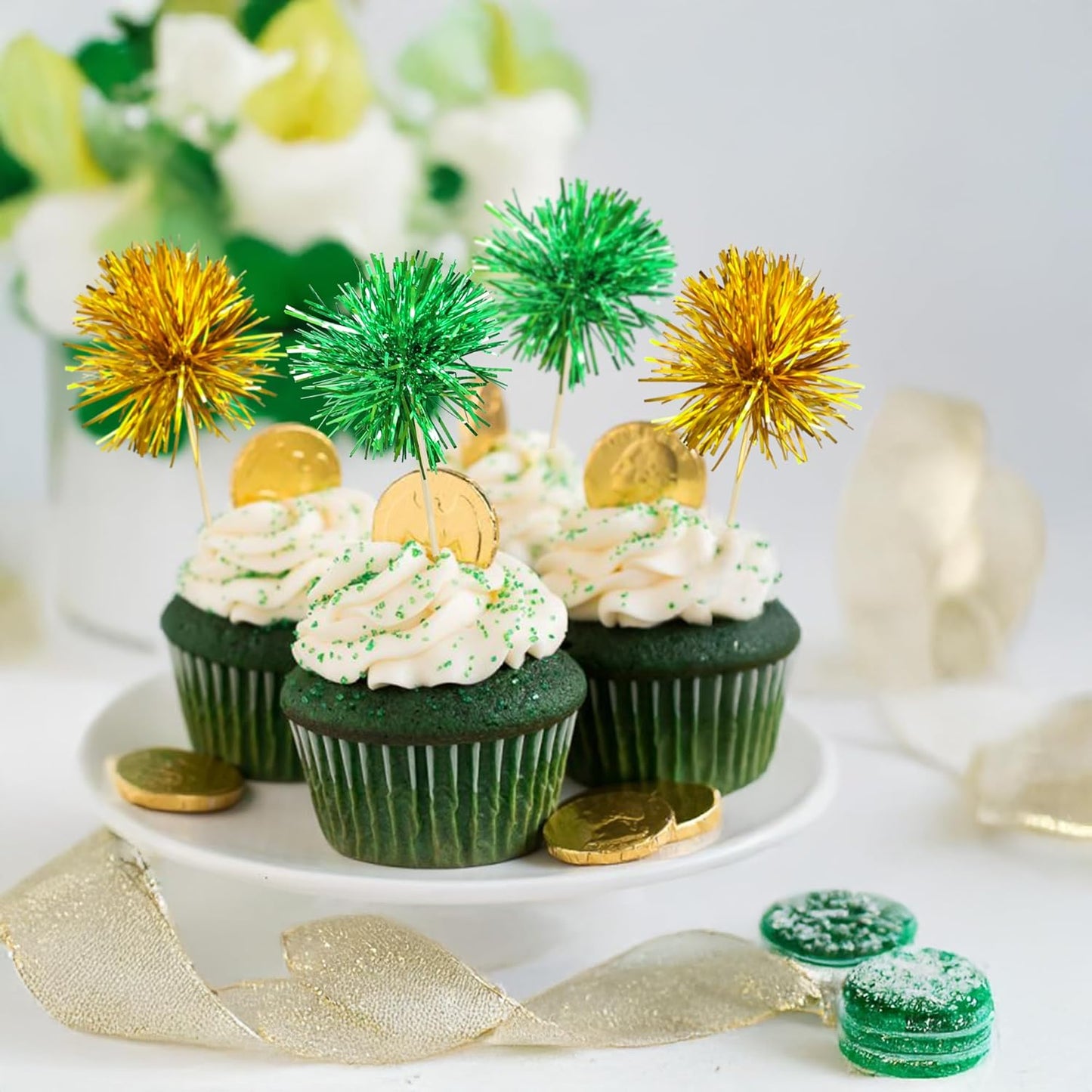 Ephlyn 30Pcs Foil Firework Cupcake Toppers Sparkle Tinsel Cupcake Picks Birthday Cake Decorations Drink Stirrers Cocktail Food Fruit Toothpicks for Baby Shower Graduation Party Supplies Green Gold