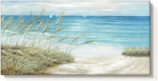 Beach Sea Canvas Wall Art: Coastal Reed Hand Painting Abstract Blue Ocean Sailboat Nautical Picture Modern Seascape Grass Path Artwork Decor for Living Room Bathroom Bedroom