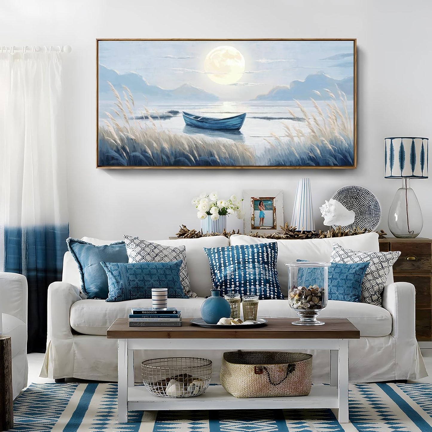 amatop Large Framed Wall Art Bedroom Living Room Decor Blue Boat Moonlight Coastal Seascape Picture Landscape Decorative Canvas Print Tranquil Night Ocean Lake Scene Artwork Nautical Wall Decor 48x24