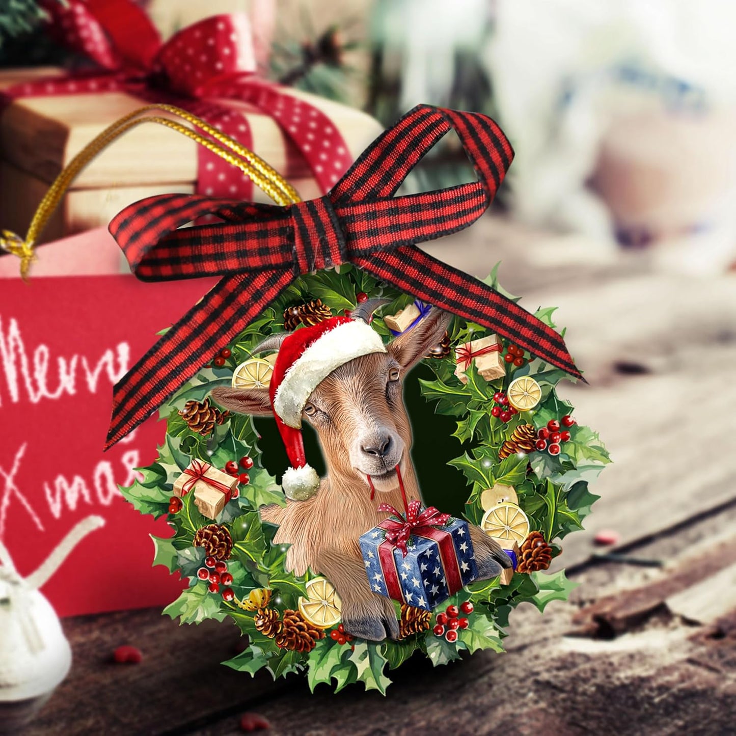 Talataca Goat Wearing A Christmas Hat Wreath Farm Animal Lover 2D Flat Christmas Tree Wood Ornament Decor Wooden Hanging Decoration House Present Xmas Eve Keepsake Decorative