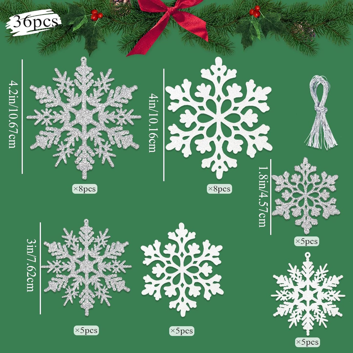 White and Silver Christmas Snowflake Ornaments- 36Pcs Plastic Glitter Hanging Snow Flakes for Christmas Tree Decorations Winter Wonderland Frozen Birthday Party Holiday Home Decor Craft Snowflakes