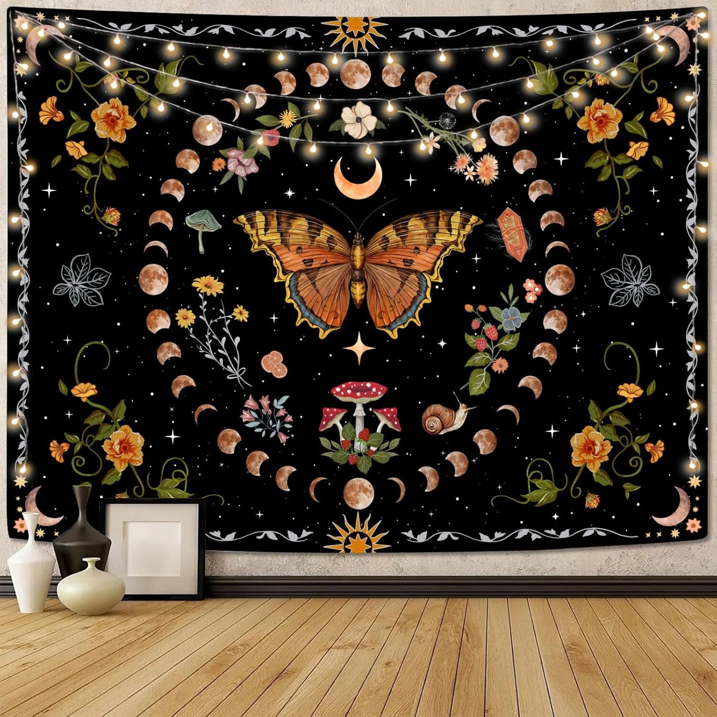 Aipon Orange Butterfly Moon Flower Tapestry Botanical Floral Plant Boho Tapestry for Bedroom Aesthetic Vintage Tapestries Wall Hanging for Living Room Dorm (44.00'' × 60.00'', Orange)