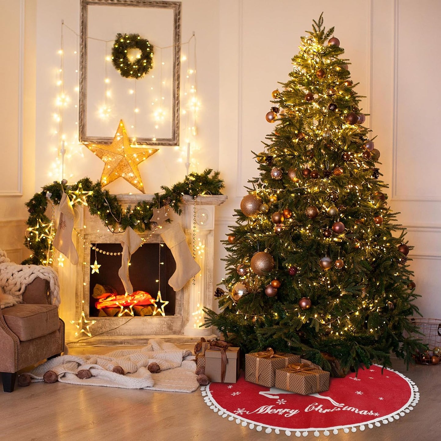 24 Inch Christmas Tree Skirt, Burlap Red Christmas Rustic Tree Skirt with Elk Deer and White Snowflake Printed for Holiday Party Xmas Tree Decoration