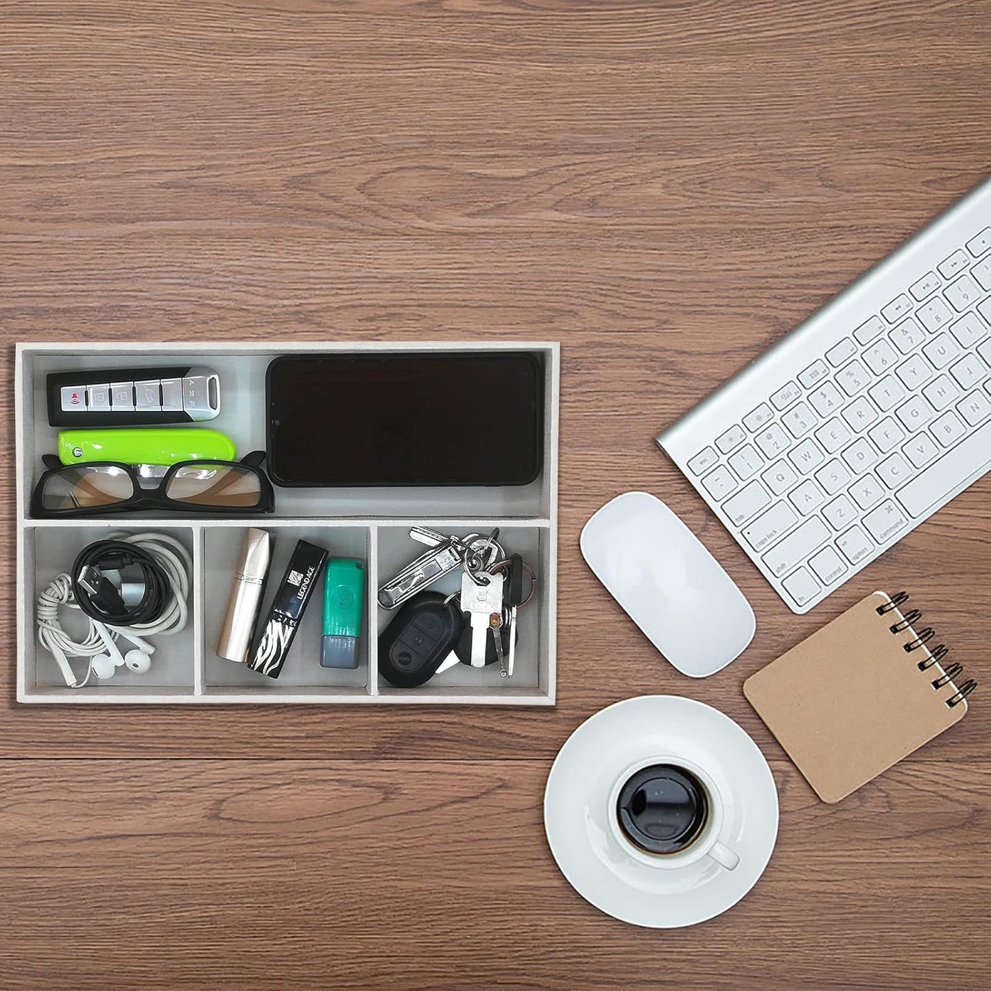 Desktop PU Leather Storage Rack, Proxy Parking tray, Dressing table Desktop Organizer, with 4 Compartments for Placing Mobile Phones, Remote controls, Cosmetics, Watches, and other Decorative trays.