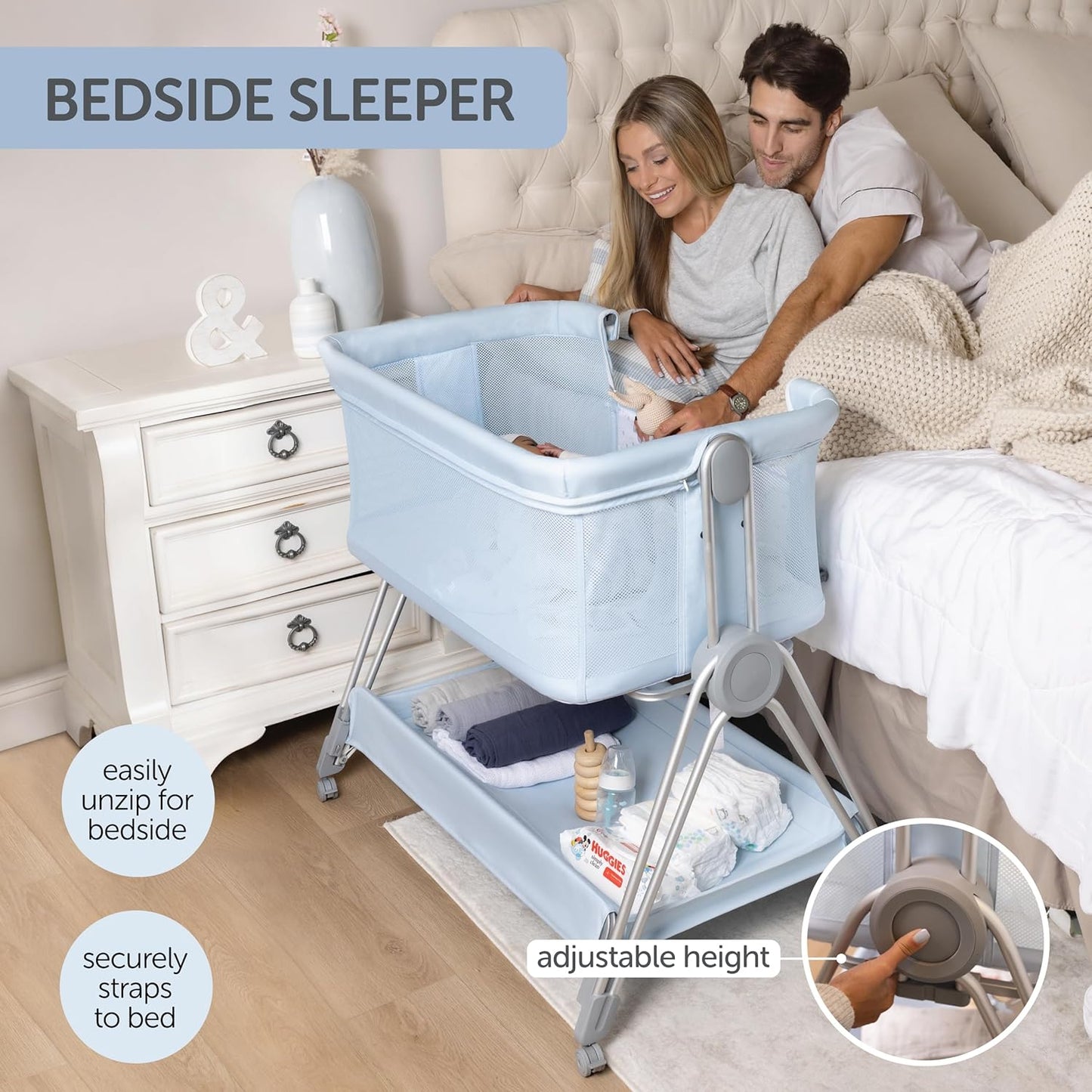 Baby Bedside Sleeper - Bassinet & Bedside Crib with Height Adjustment & Wheels - Can Be Placed Next to Bed - Attaches to Parents Bed - Easy to Fold & Carry Bassinet for Boys (Blue)