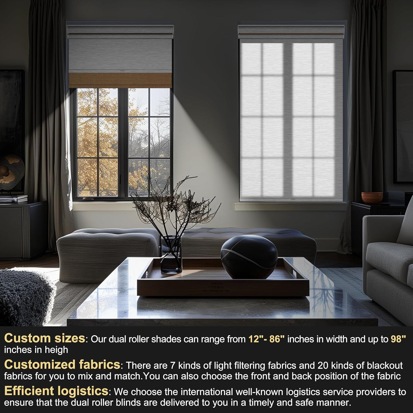 BERISSA Cordless Dual Roller Shades with Cassette Valance, Double Window Shades - Blackout and Light Filtering - Day and Night - Linen Beige and White - 58 W x 44" H