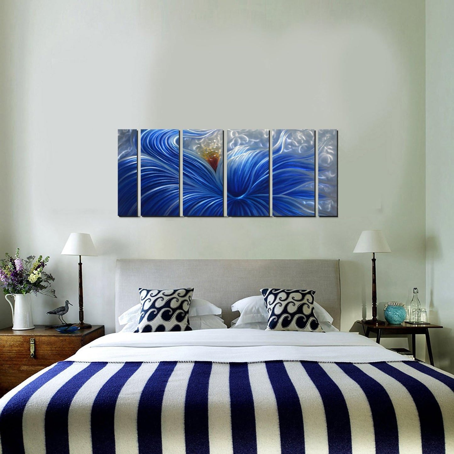 Metal Wall Art with Huge Blue Flower Design, Abstract Artwork for Modern and Contemporary Decor, Metal Wall Sculpture, Indoor Outdoor Wall Decorations, 6-Panels Measure 65" x 24"