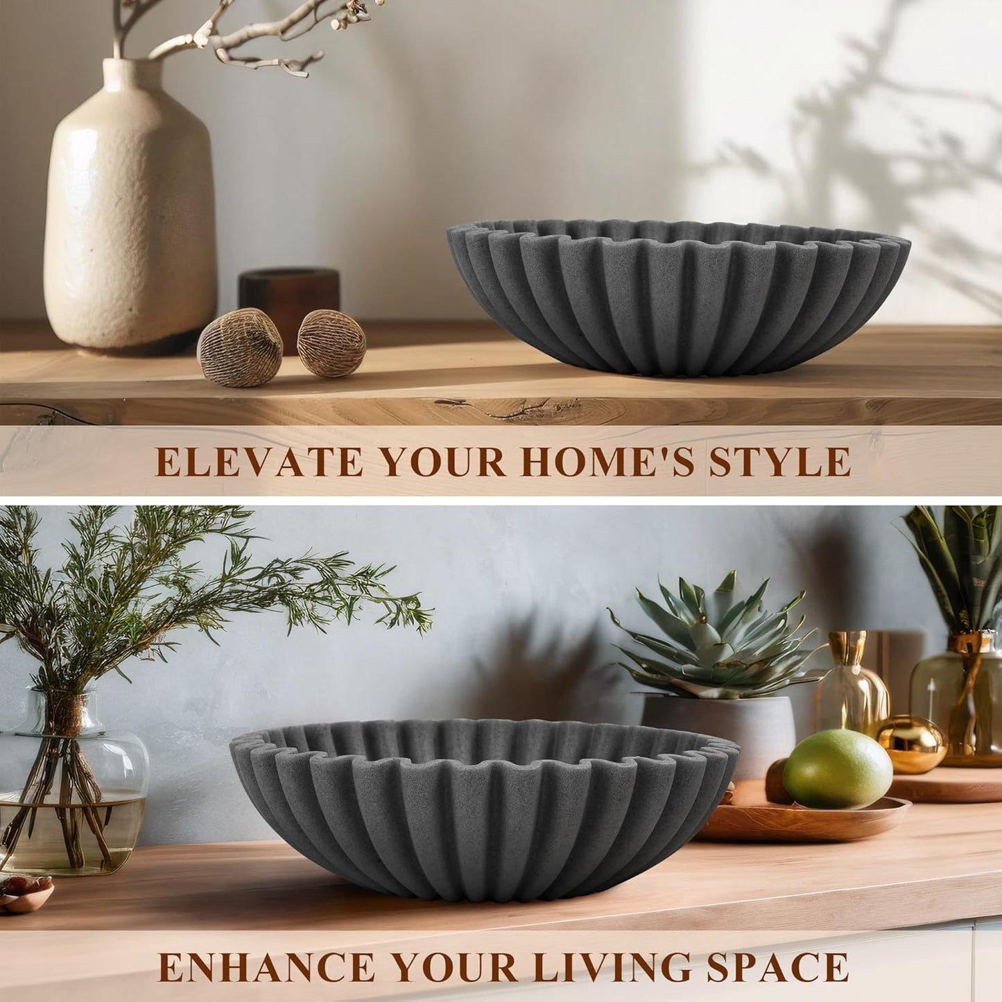Large Decorative Bowl, Modern Handicraft Bowls for Home Decor, Decorative Fruit Bowl for Kitchen, Ruffle Bowl Decor, Stylish Key bowl for Entry Table, Artificial Stone Black