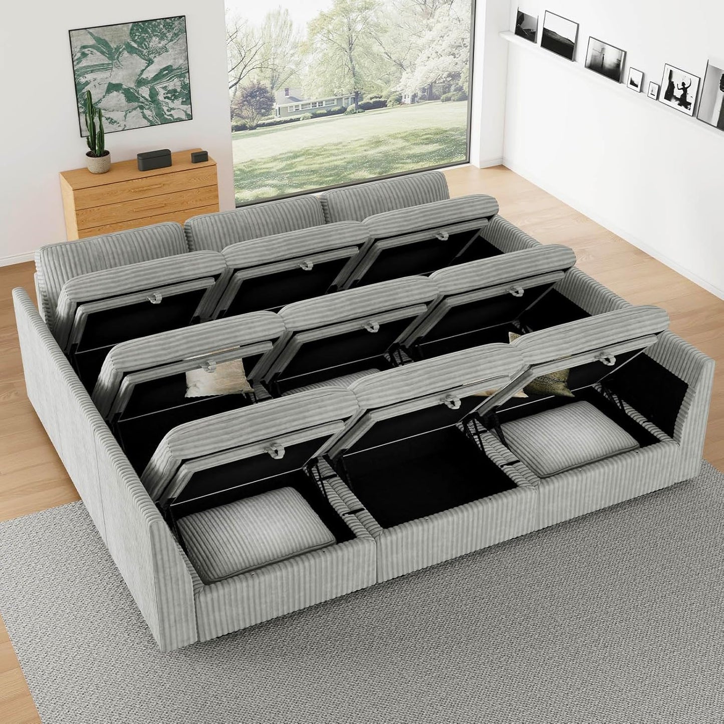 Belffin Modular Sectional Sofa with Sleeper Sofa, Oversized Cloud Couch with Extra Deep Seat, Upholstered 9 Seat Sectional Couches for Living Room, Plush Corduroy Light Grey