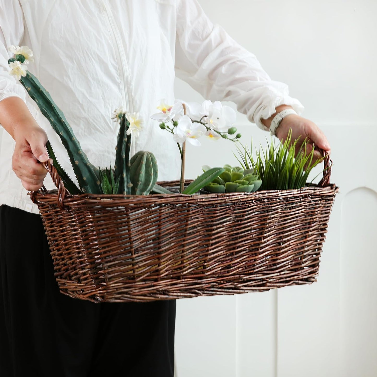 Handcrafted Wicker Planter, Flower Pot Cover, Plant Window Box, Plant Container, Natural Brown Unpeeled Willow, Long Rectangular