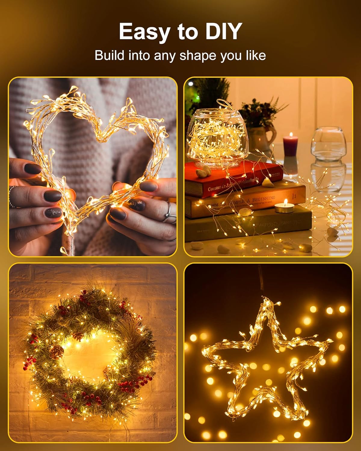 4 Pack Fairy Lights Battery Operated, 5 Feet 60 LED Twinkle String Lights Waterproof Firecracker Starry Lights for DIY Wreath Home Wedding Bedroom Mason Jar Holiday Christmas Decorations, Warm White