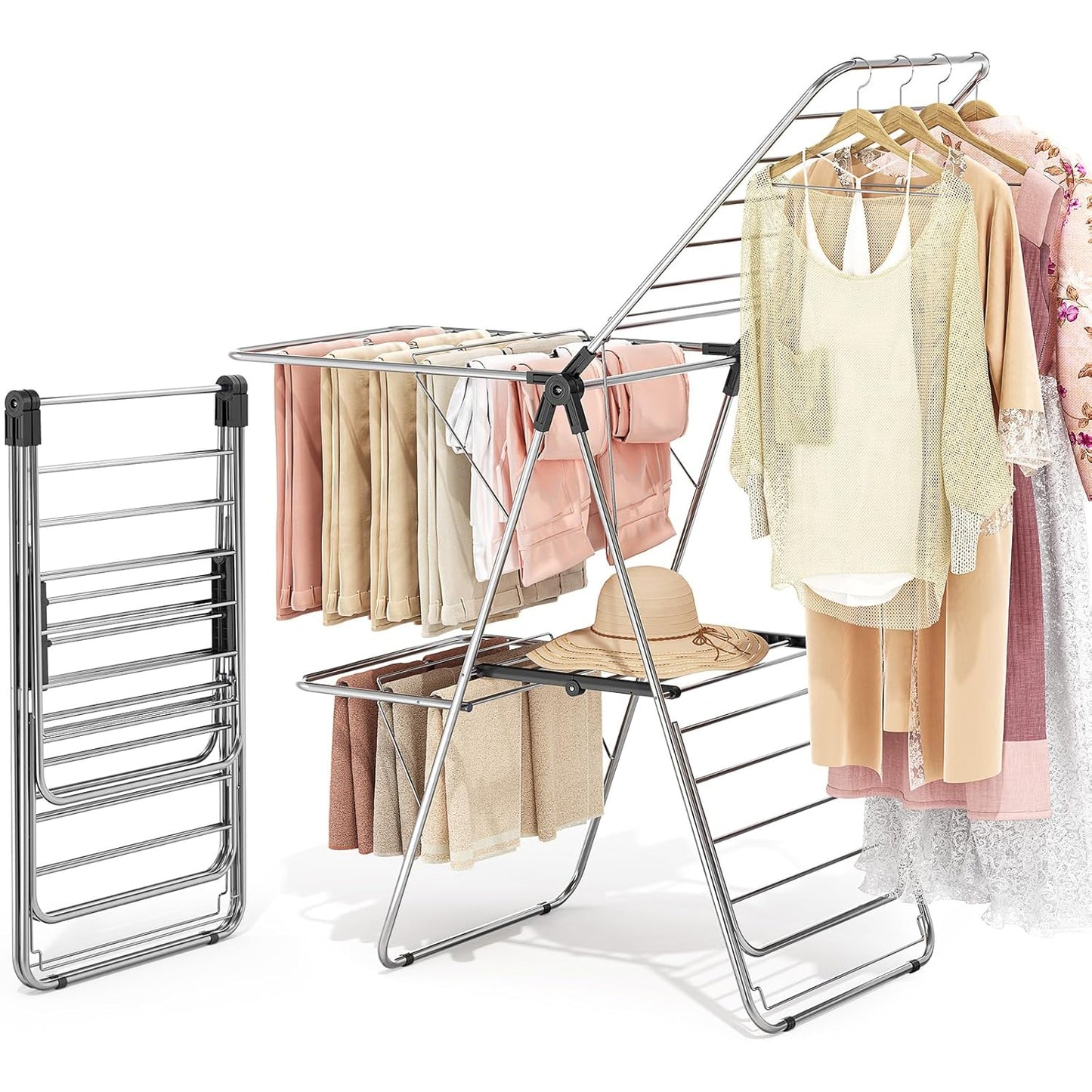APEXCHASER Clothes Drying Rack with 4 Wings, Drying Rack Clothing with Height-Adjustable, Foldable Gullwings Laundry Drying Rack, Indoor Outdoor Use, No Assembly, Black