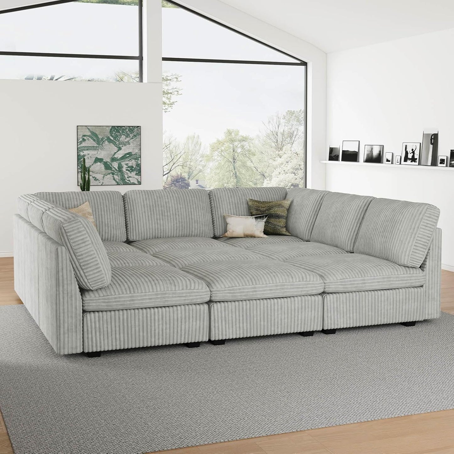 Belffin Modular Sectional Sofa with Sleeper Sofa, Oversized Cloud Couch with Extra Deep Seat, Upholstered 9 Seat Sectional Couches for Living Room, Plush Corduroy Light Grey