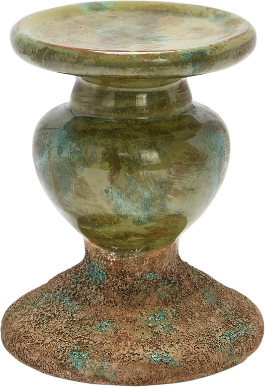 Creative Co-Op 2-Tone Sculptural Terracotta Pillar Candle Holder, Distressed Green